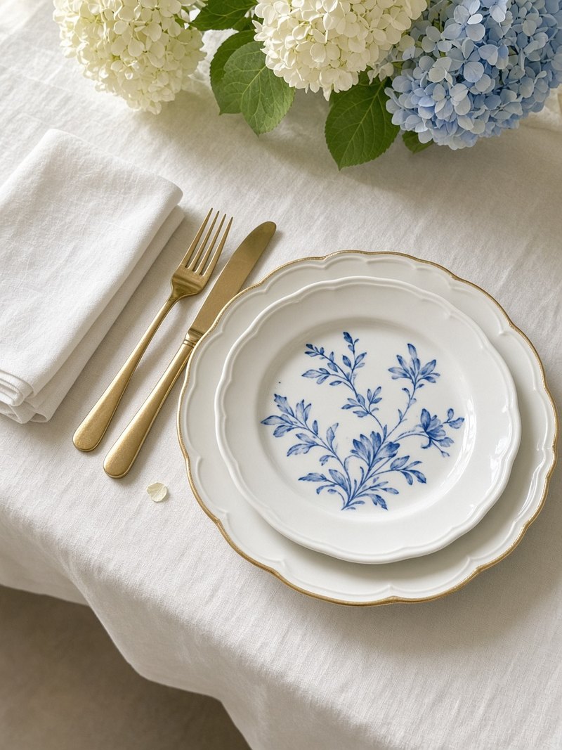 A white scalloped plate with a thin gold rim, topped with a smaller plate painted with a blue sprig, beside gold cutlery, a linen napkin and hydrangeas.