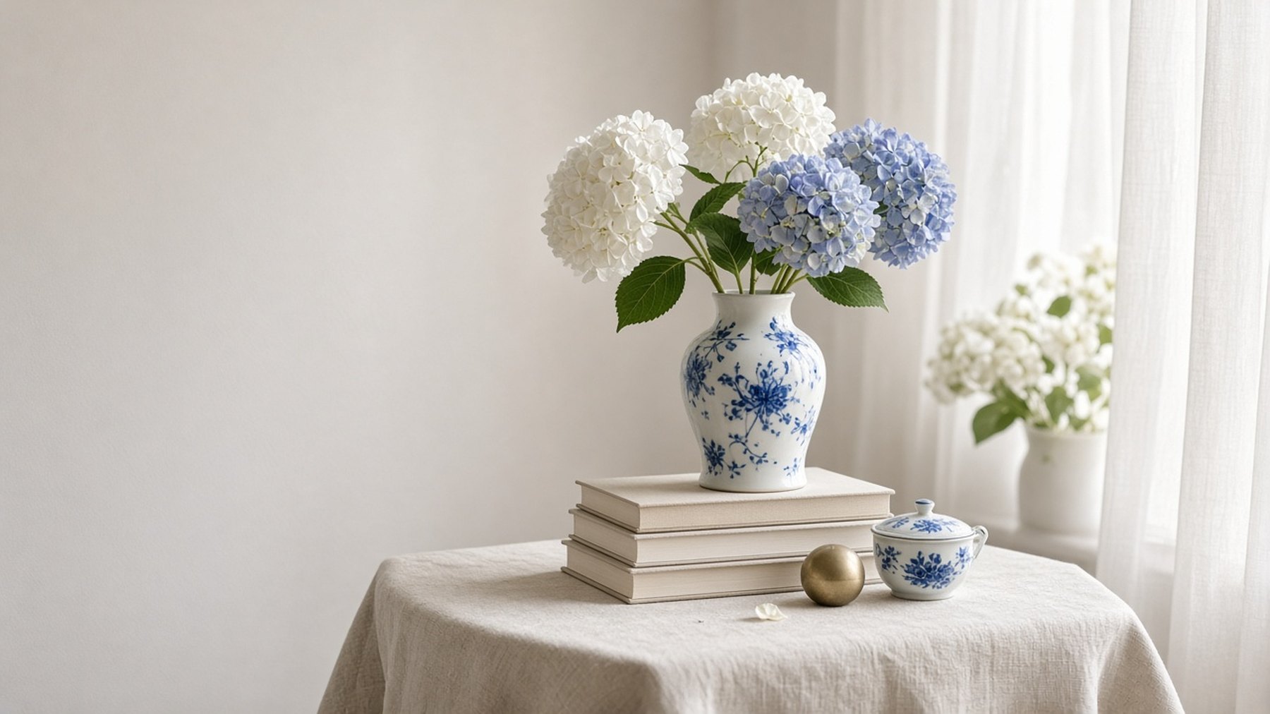 White and blue hydrangeas in a blue-and-white porcelain vase on a stack of linen-bound books, beside a small brass sphere and a lidded porcelain bowl, by a sunlit window.
